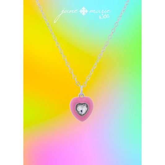 Kids Pink Enamel with Clear Crystal Heart Necklace, .5" Pendant