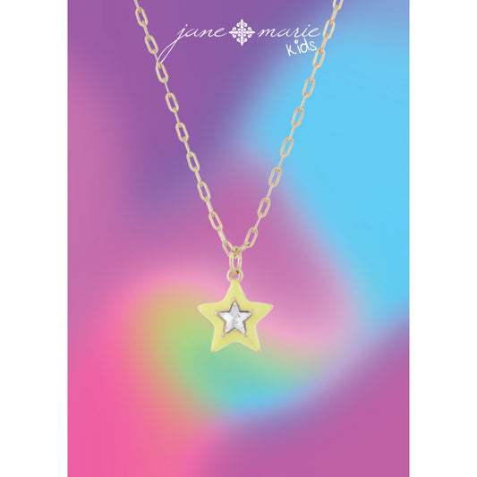 Kids Pale Yellow Enamel with Clear Crystal Star Necklace, .5" Pendant