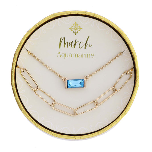 Set of 2 Necklaces, March Aquamarine Birthstone Baguette, Gold Paperclip Chain with Twist Links Necklace, .15" Pendant