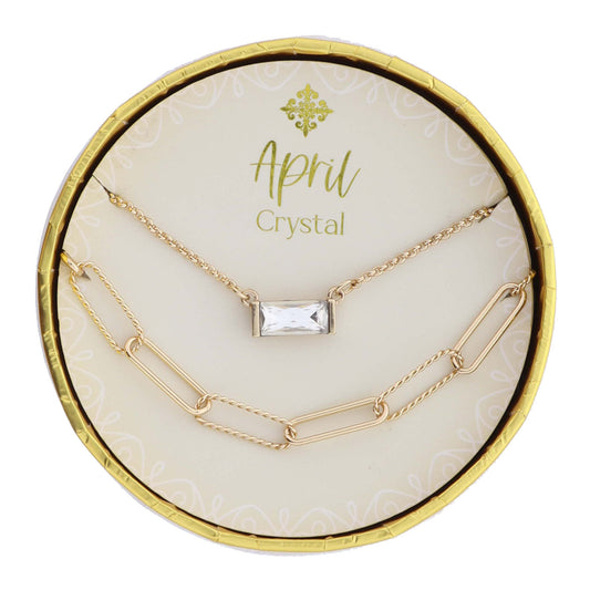 Set of 2 Necklaces, April Crystal Birthstone Baguette, Gold Paperclip Chain with Twist Links Necklace, .15" Pendant