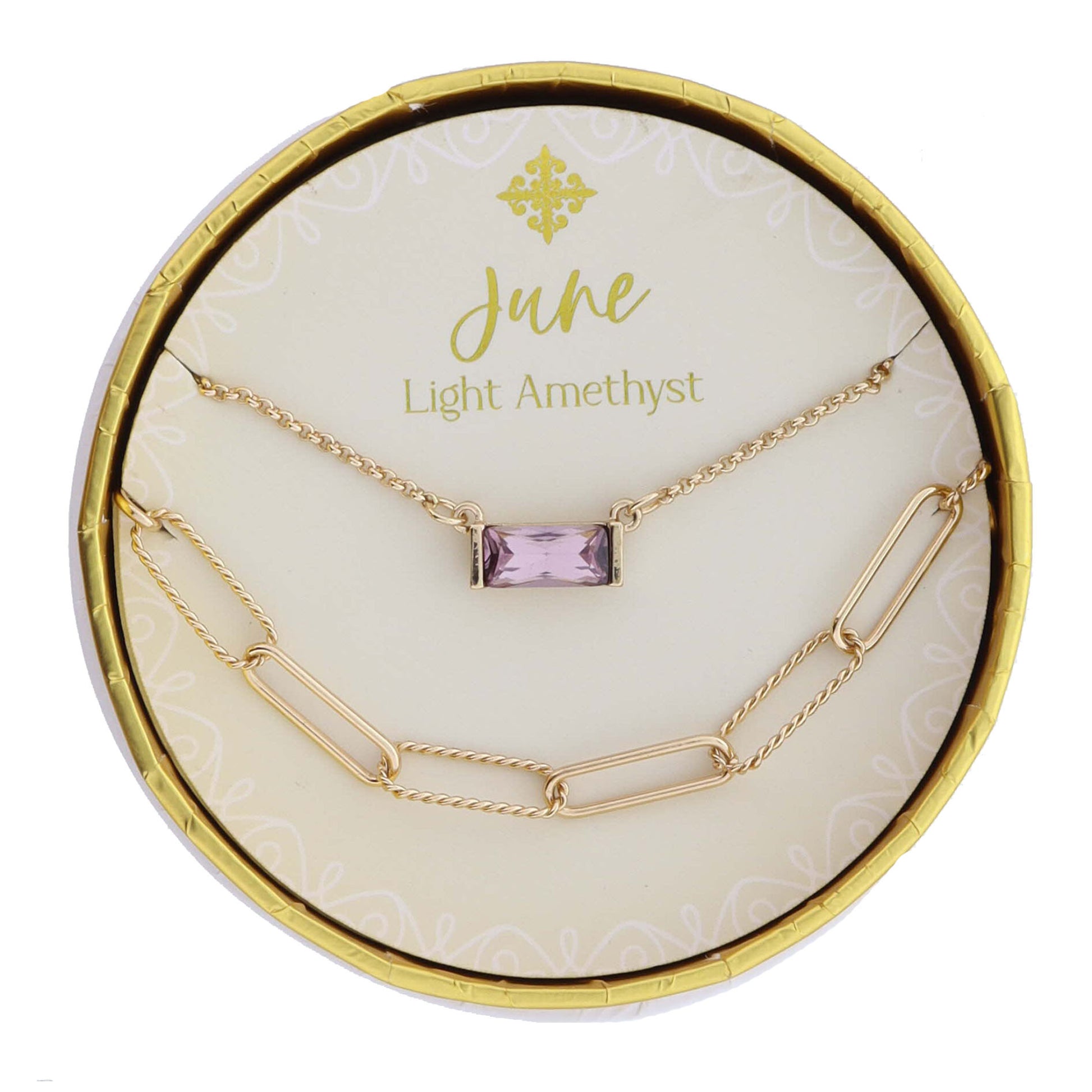 Set of 2 Necklaces, June Light Amethyst Birthstone Baguette, Gold Paperclip Chain with Twist Links Necklace, .15" Pendant