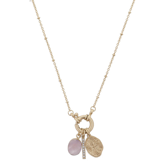 Gold Spring Ring with Rose Quartz Oval, Bar, Studded Cross Coin Necklace, .5", .65", .65" Pendants