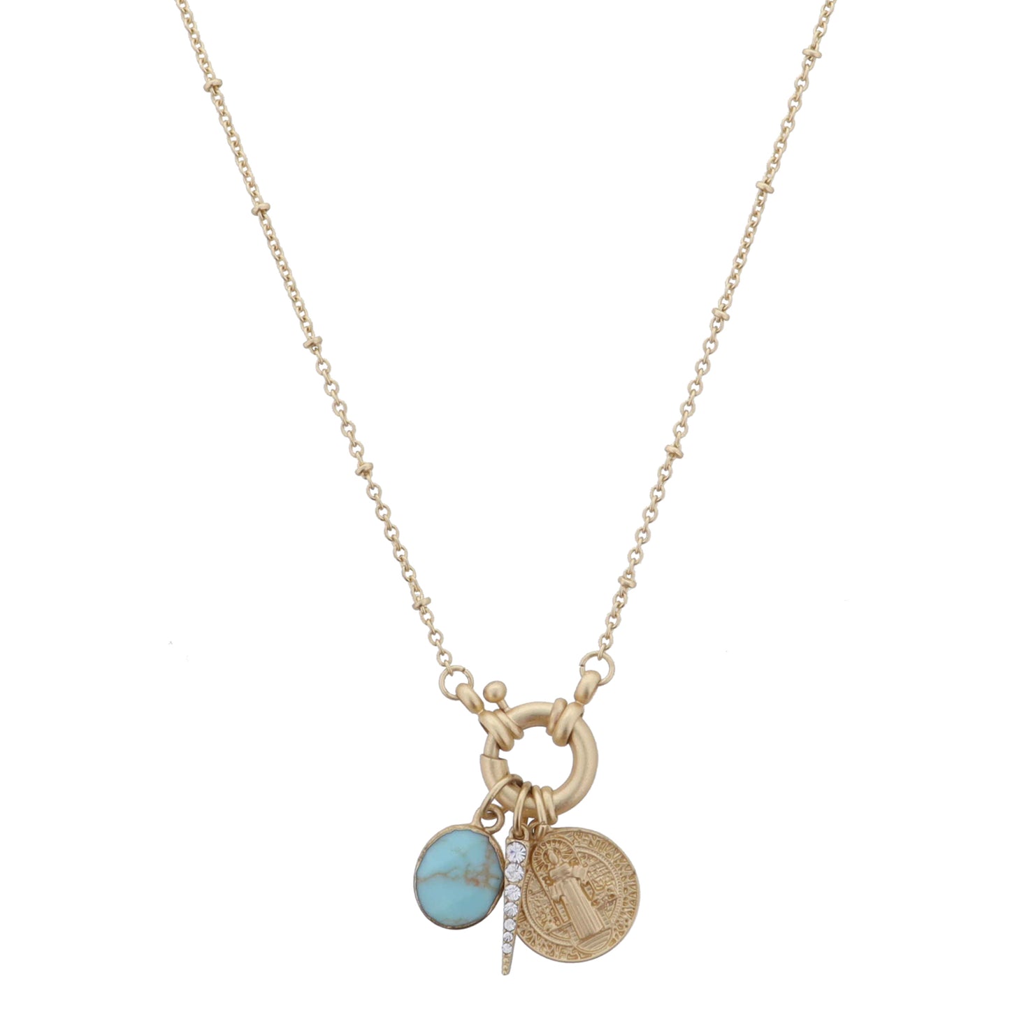 Gold Spring Ring with Turquoise Oval, Spike, St. Francis Medallion Necklace, .5", .65",.65" Pendants