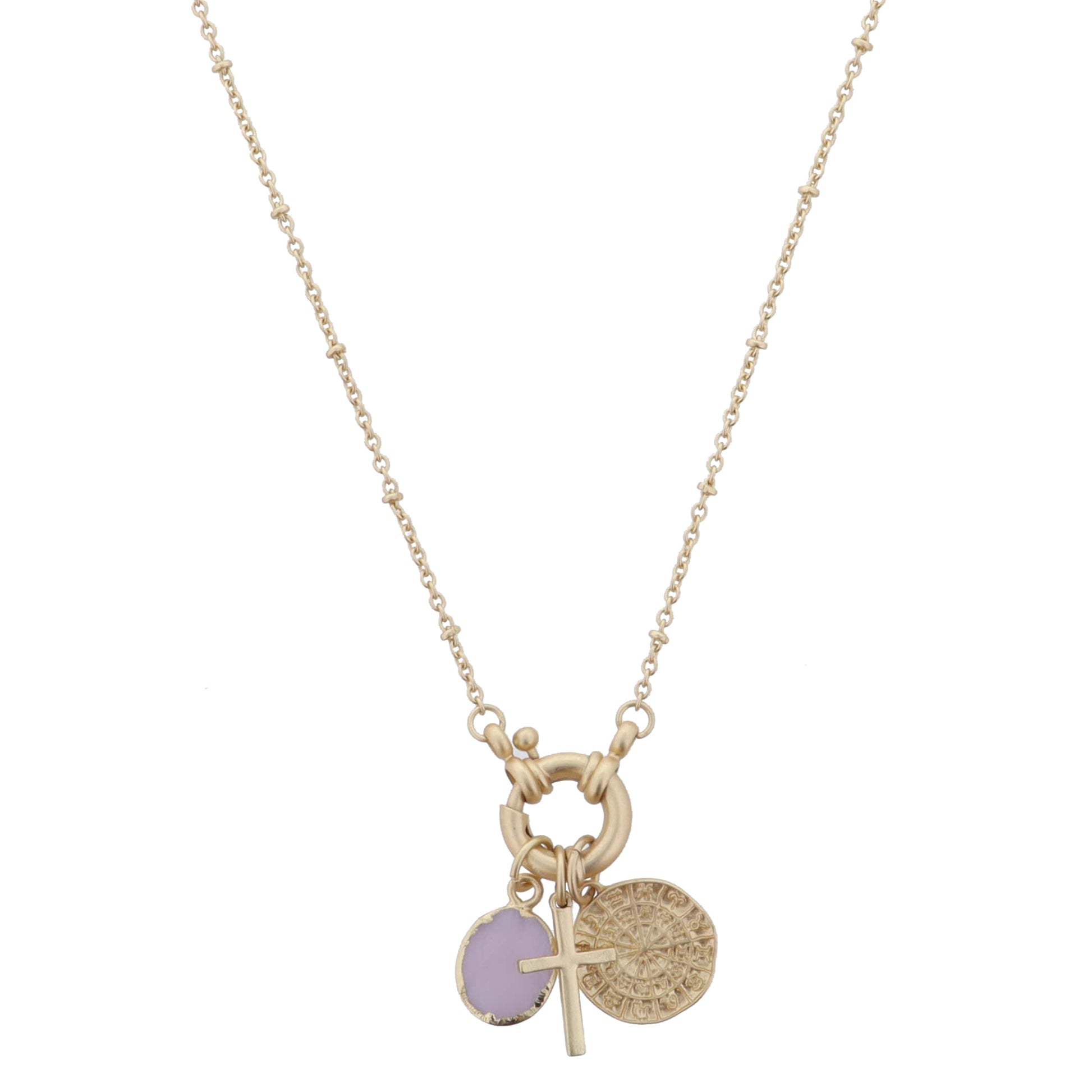 Gold Spring Ring with Rose Quartz Oval, Cross, Symbol Medallion Necklace, .5", .65", .65" Pendants