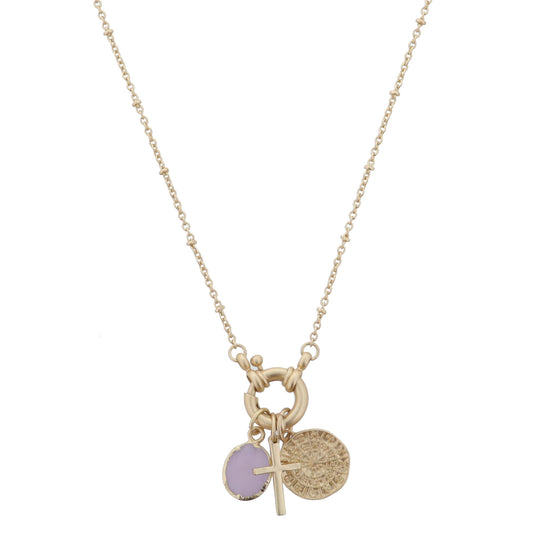 Gold Spring Ring with Rose Quartz Oval, Cross, Symbol Medallion Necklace, .5", .65", .65" Pendants