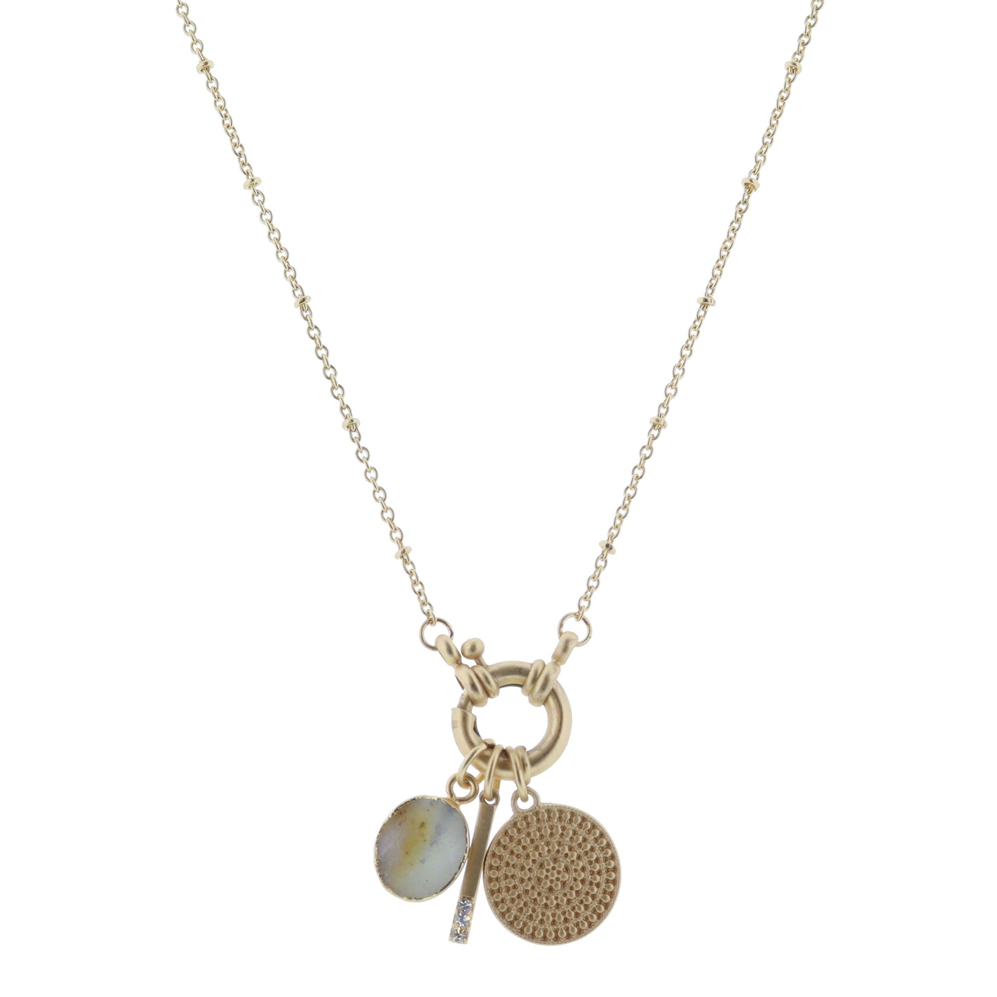 Gold Spring Ring with Amazonite Oval, Bar with Crystals, Stud Disc Necklace, .5", .65",.65" Pendants