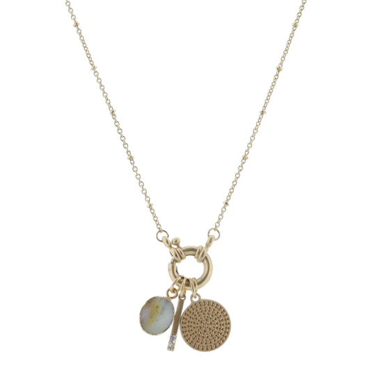 Gold Spring Ring with Amazonite Oval, Bar with Crystals, Stud Disc Necklace, .5", .65",.65" Pendants