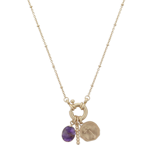 Gold Spring Ring with Amethyst Oval, Ball Bar, Hammered Cross Coin Necklace, .5", .65",.65" Pendants