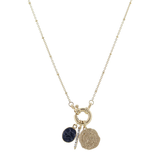Gold Spring Ring with Jet Howlite Oval, Mini Crystal Bar, Medallion Necklace, .5", .65",.65" Pendant