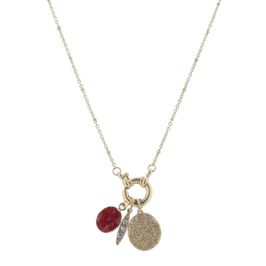 Gold Spring Ring with Strawberry Quartz Oval, Crystals Marquis, Coin Necklace, .5",.65",.65" Pendant