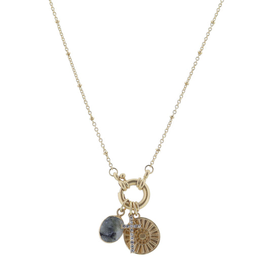 Gold Spring Ring with Labradorite Oval, Cross, Sunray Stud Disc Necklace, .5", .65", .65" Pendants