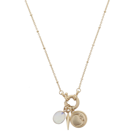 Gold Spring Ring with Opalite Oval, Diamond Spike, Moon & Star Disc Necklace, .5", .65",.65" Pendant