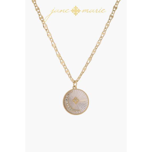White Starburst Shell Inlay Disc with Crystal Moon and Starburst Necklace, .75" Pendant