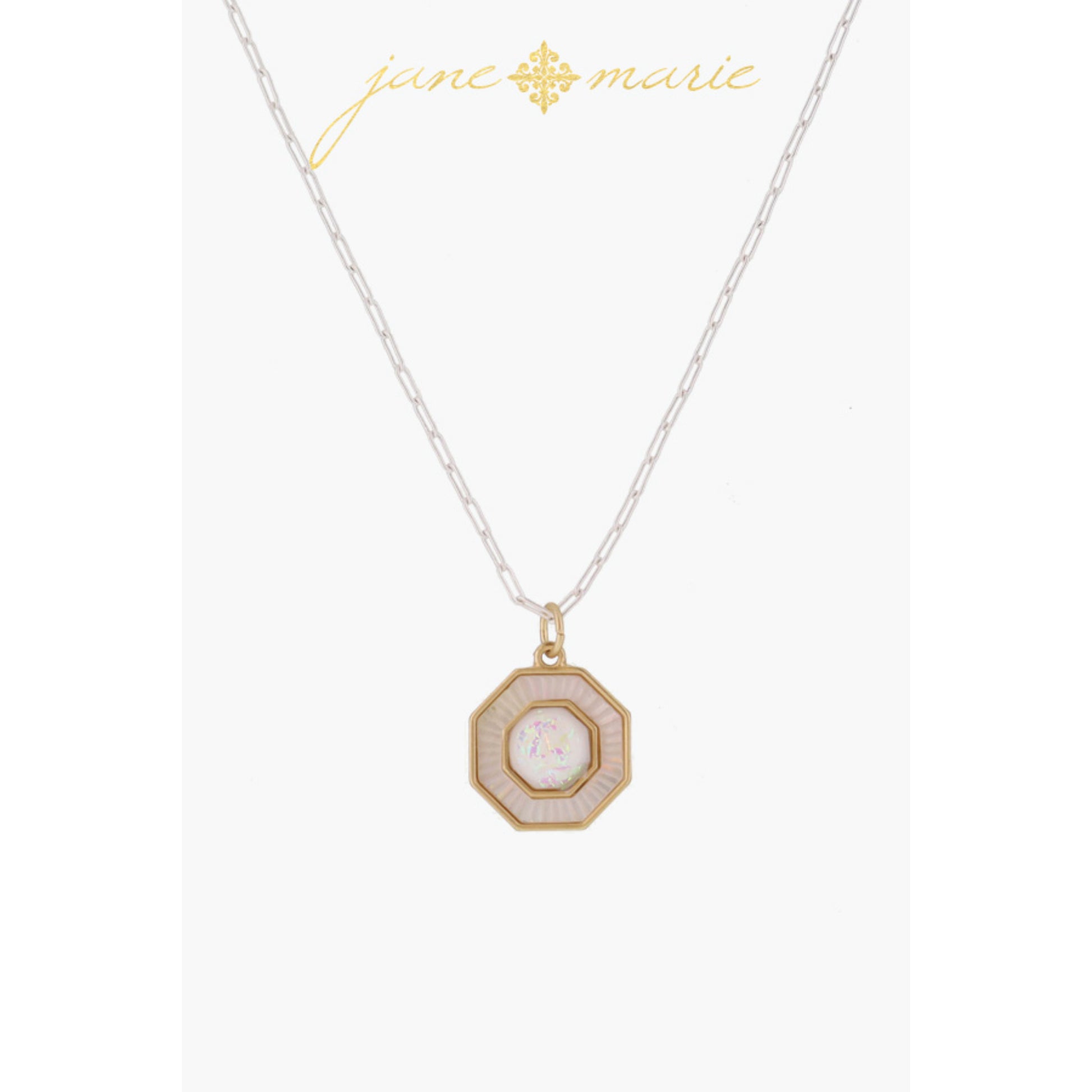 White Starburst Shell Inlay Edged Octogon with White Opal Octogon Center Necklace, .65" Pendant