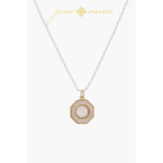 White Starburst Shell Inlay Edged Octogon with White Opal Octogon Center Necklace, .65" Pendant