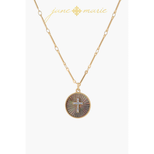 Grey Starburst Shell Inlay Disc with Moonstone Cross Necklace, .65" Pendant