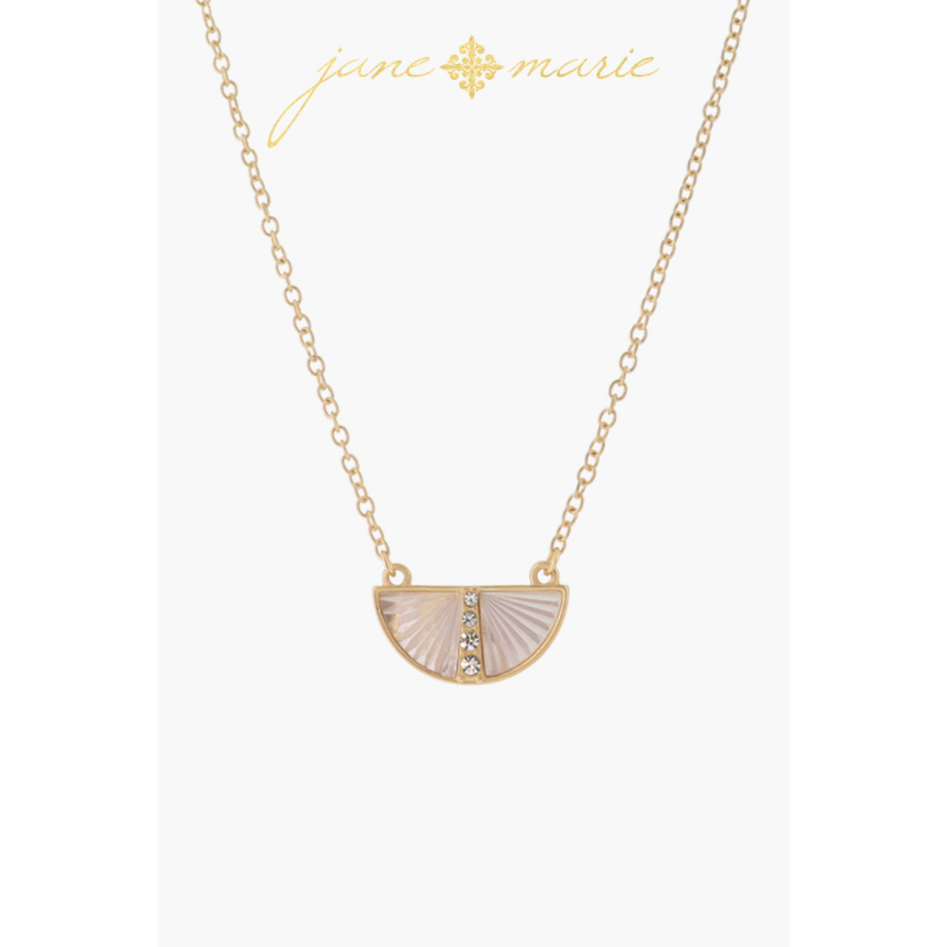 White Starburst Shell Inlay Half Circle with Crystal Center Line Necklace, .35" Pendant