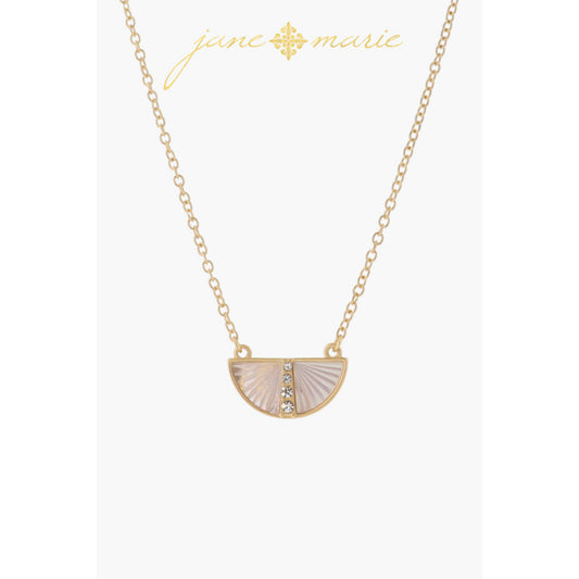 White Starburst Shell Inlay Half Circle with Crystal Center Line Necklace, .35" Pendant