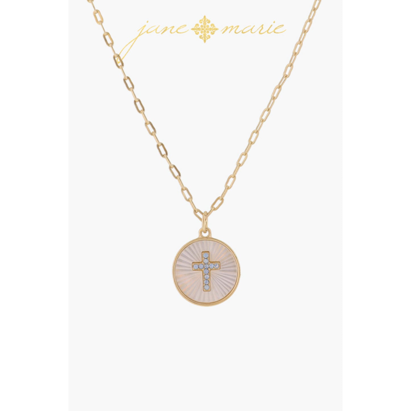 White Starburst Shell Inlay Disc with Moonstone Cross Necklace, .65" Pendant