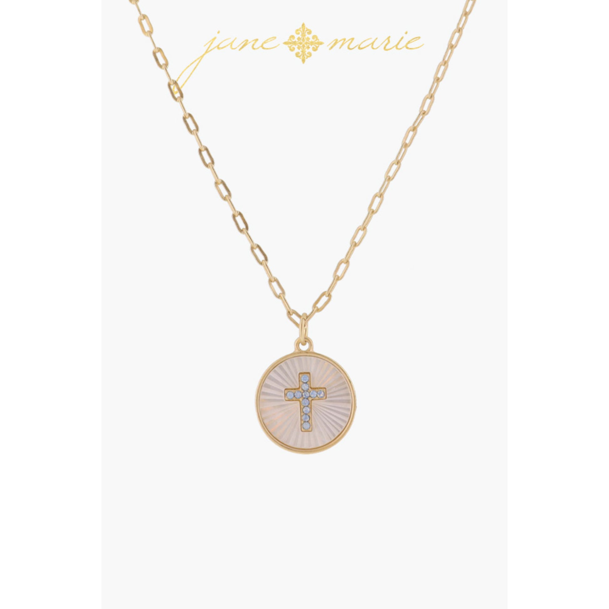 White Starburst Shell Inlay Disc with Moonstone Cross Necklace, .65" Pendant
