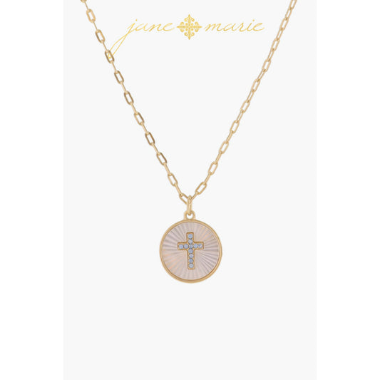 White Starburst Shell Inlay Disc with Moonstone Cross Necklace, .65" Pendant