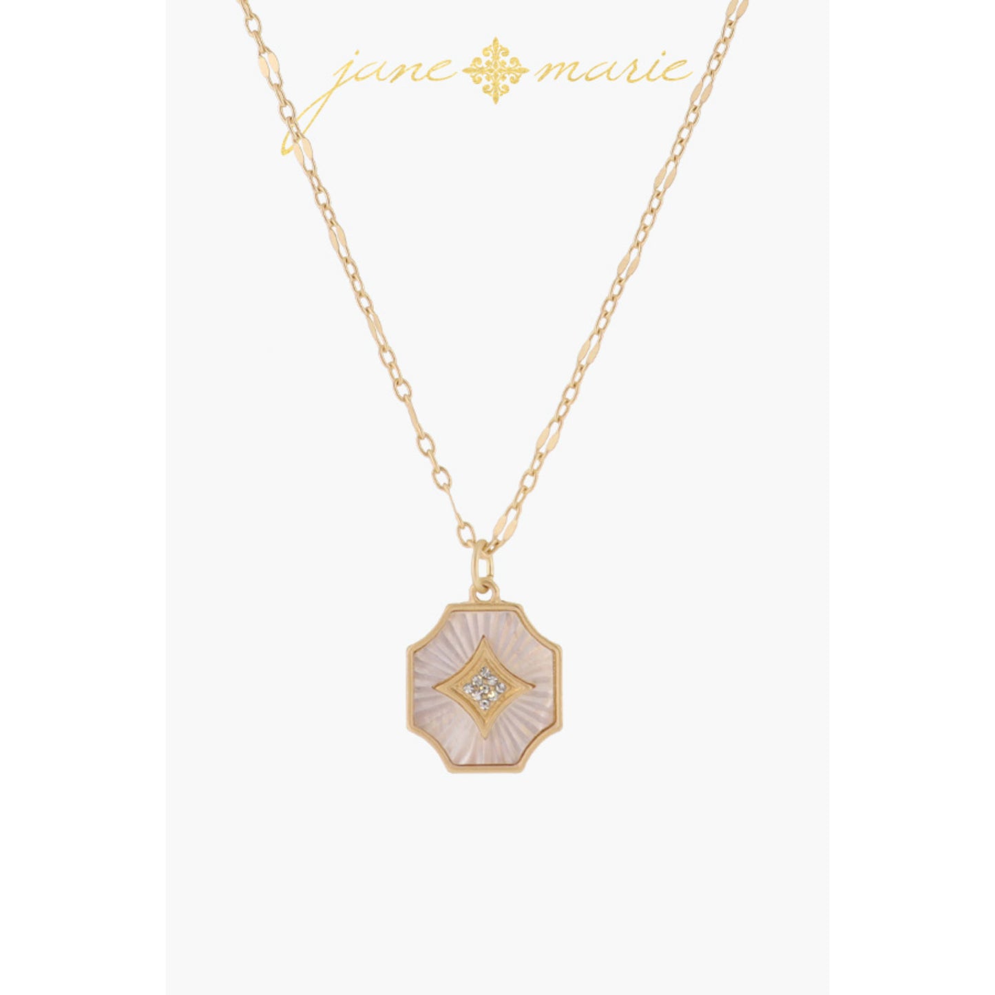 White Starburst Shell Inlay Rounded Corner Octogon with Crystal Diamond Necklace, .65" Pendant