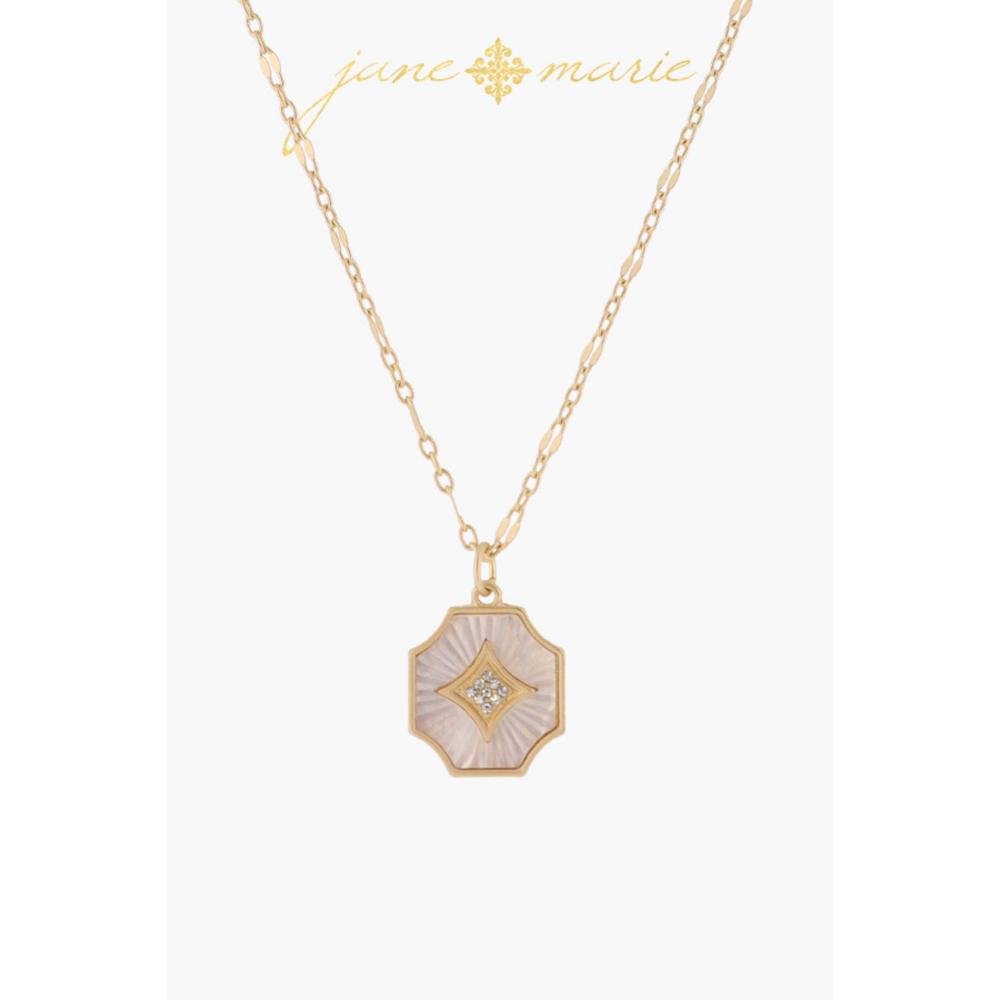 White Starburst Shell Inlay Rounded Corner Octogon with Crystal Diamond Necklace, .65" Pendant