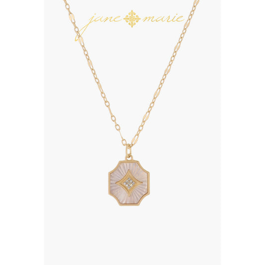 White Starburst Shell Inlay Rounded Corner Octogon with Crystal Diamond Necklace, .65" Pendant