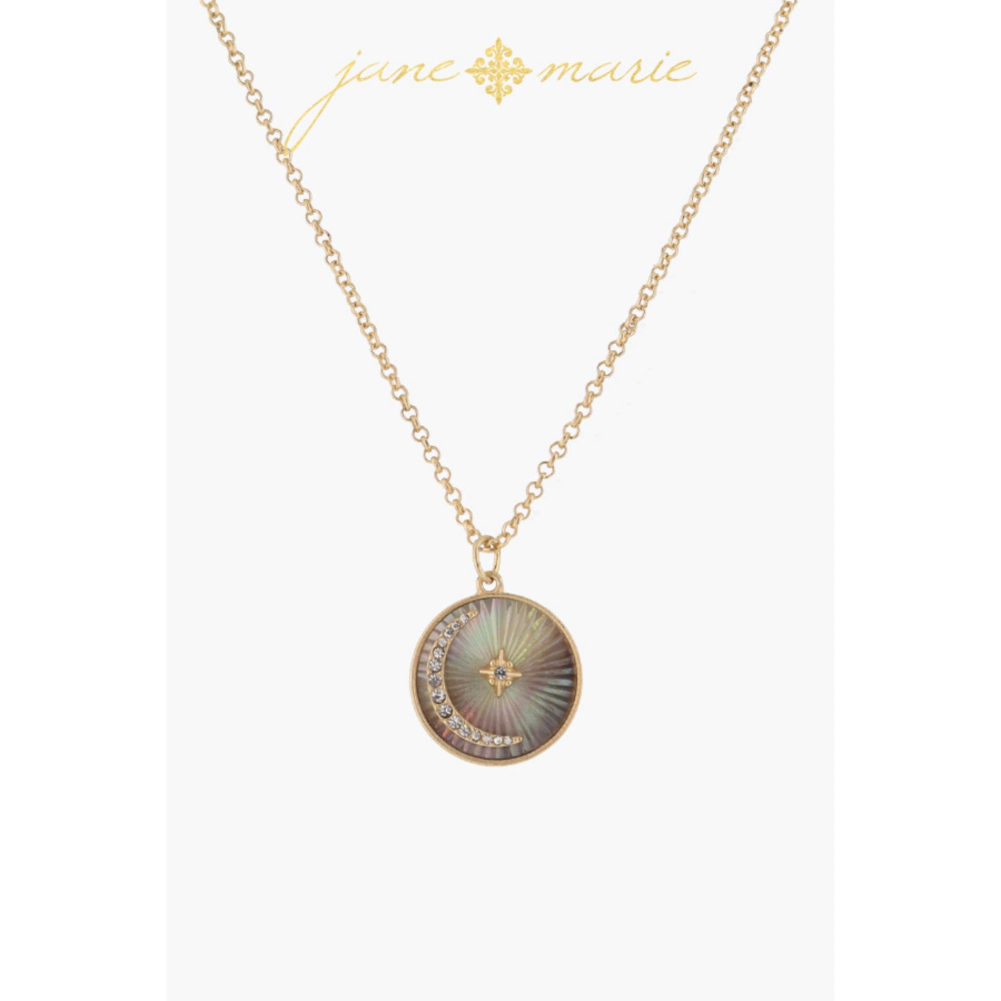 Grey Starburst Shell Inlay Disc with Crystal Moon and Starburst Necklace, .75" Pendant