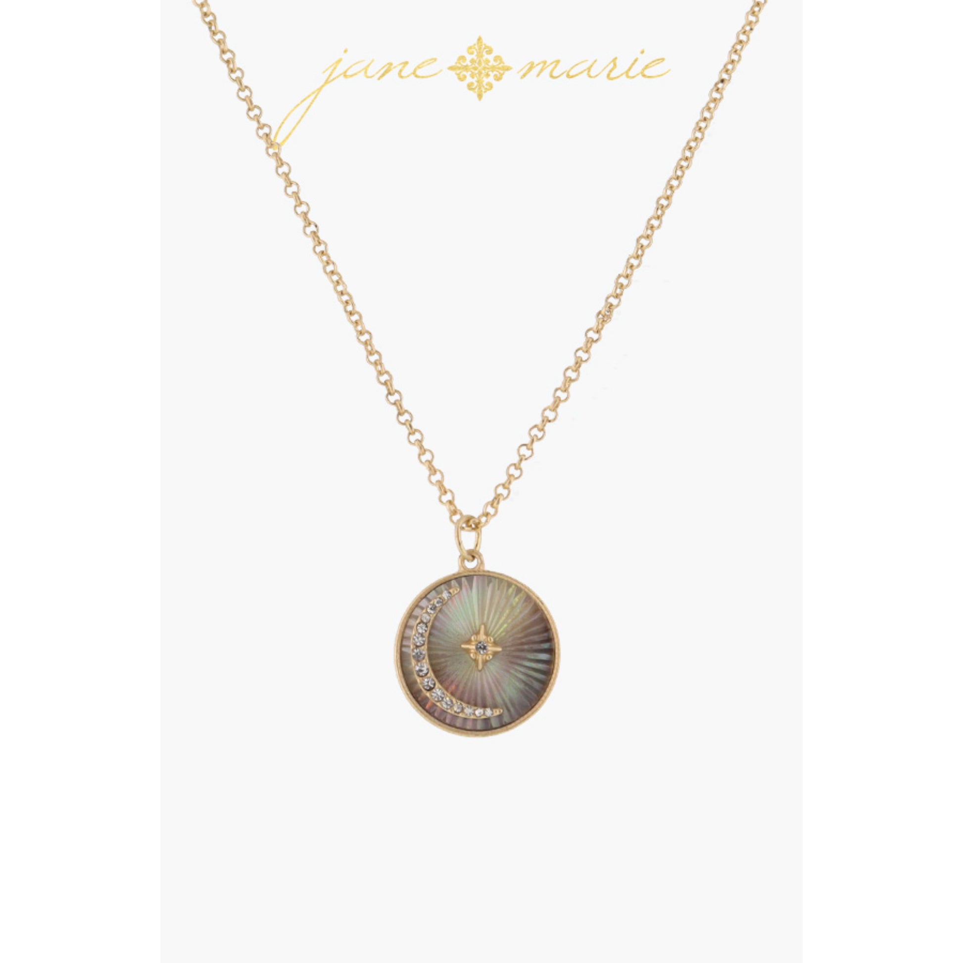 Grey Starburst Shell Inlay Disc with Crystal Moon and Starburst Necklace, .75" Pendant