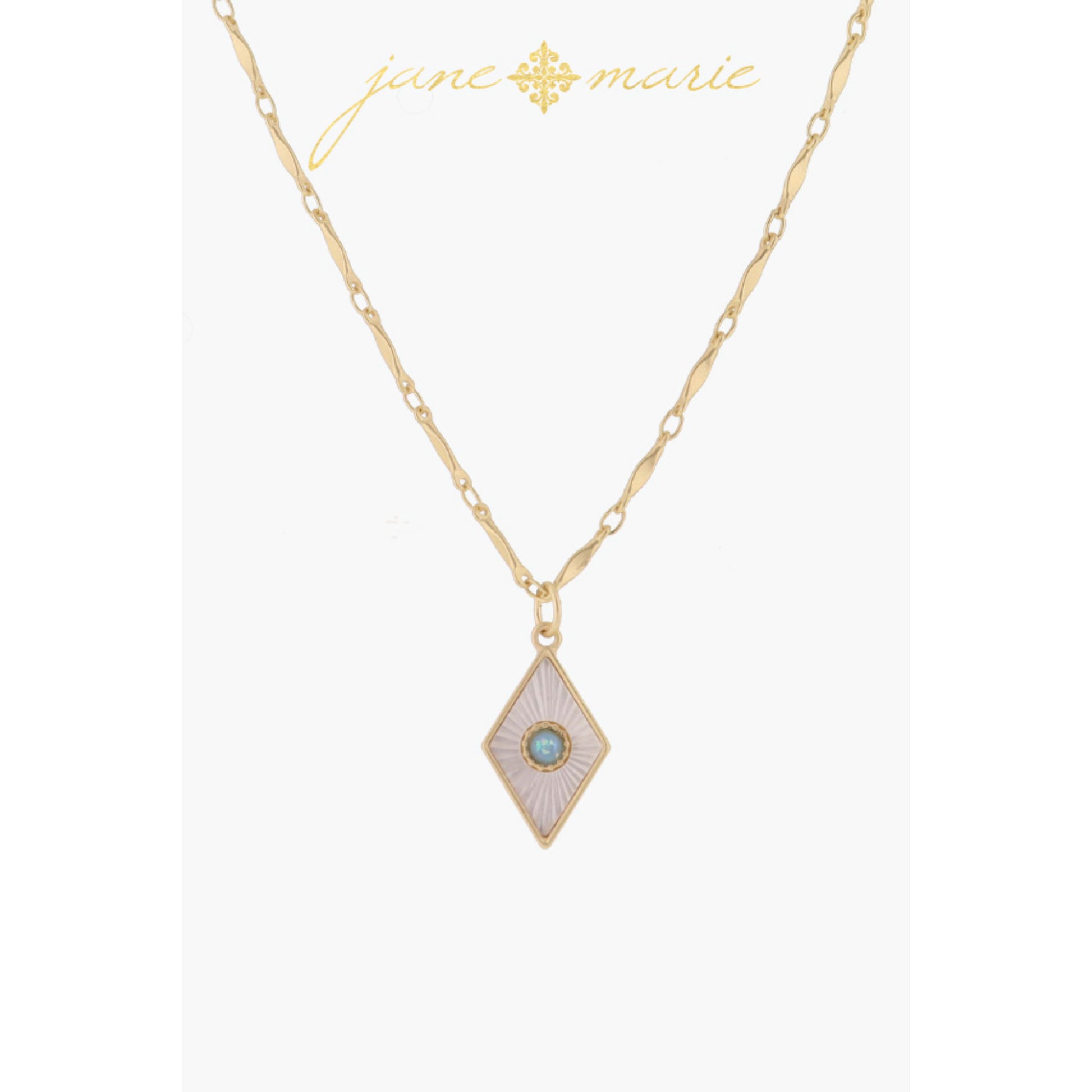 White Starburst Shell Inlay Diamond with Blue Opal Center Necklace, .75" Pendant