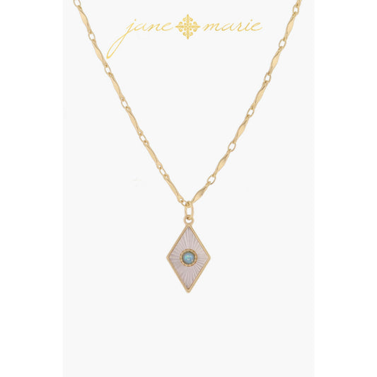White Starburst Shell Inlay Diamond with Blue Opal Center Necklace, .75" Pendant