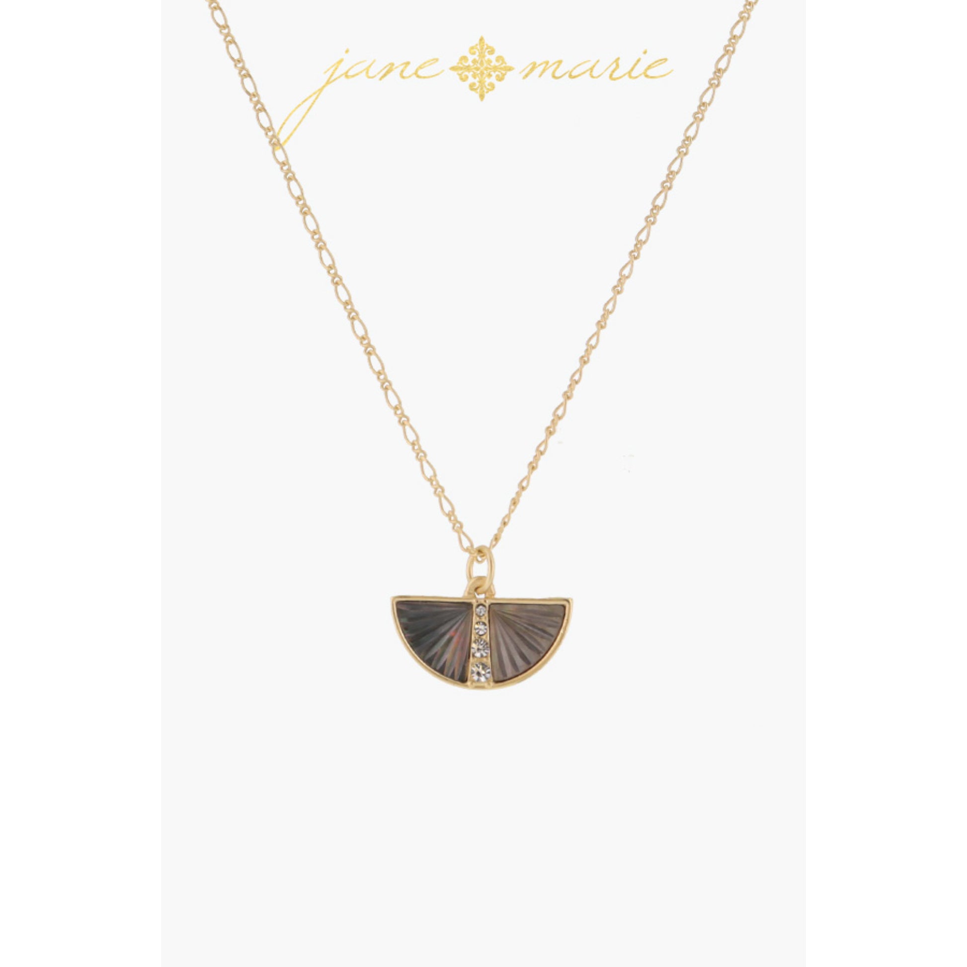 Grey Starburst Shell Inlay Half Circle with Crystal Center Line Necklace, .35" Pendant