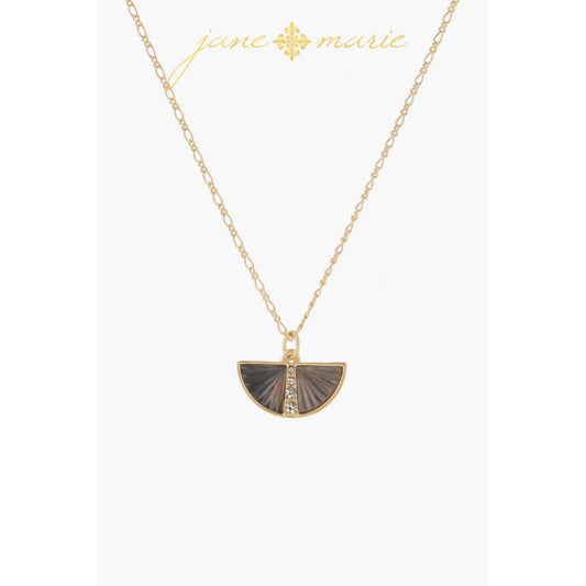 Grey Starburst Shell Inlay Half Circle with Crystal Center Line Necklace, .35" Pendant