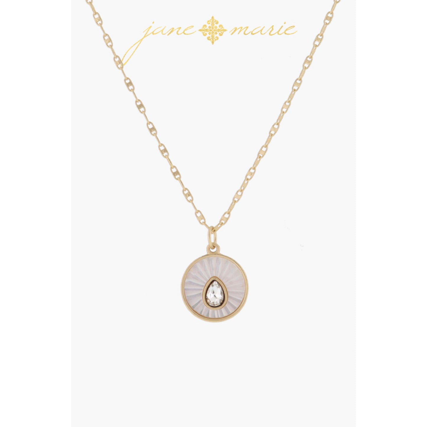 White Starburst Shell Inlay Disc with Crystal Teardrop Necklace, .65" Pendant