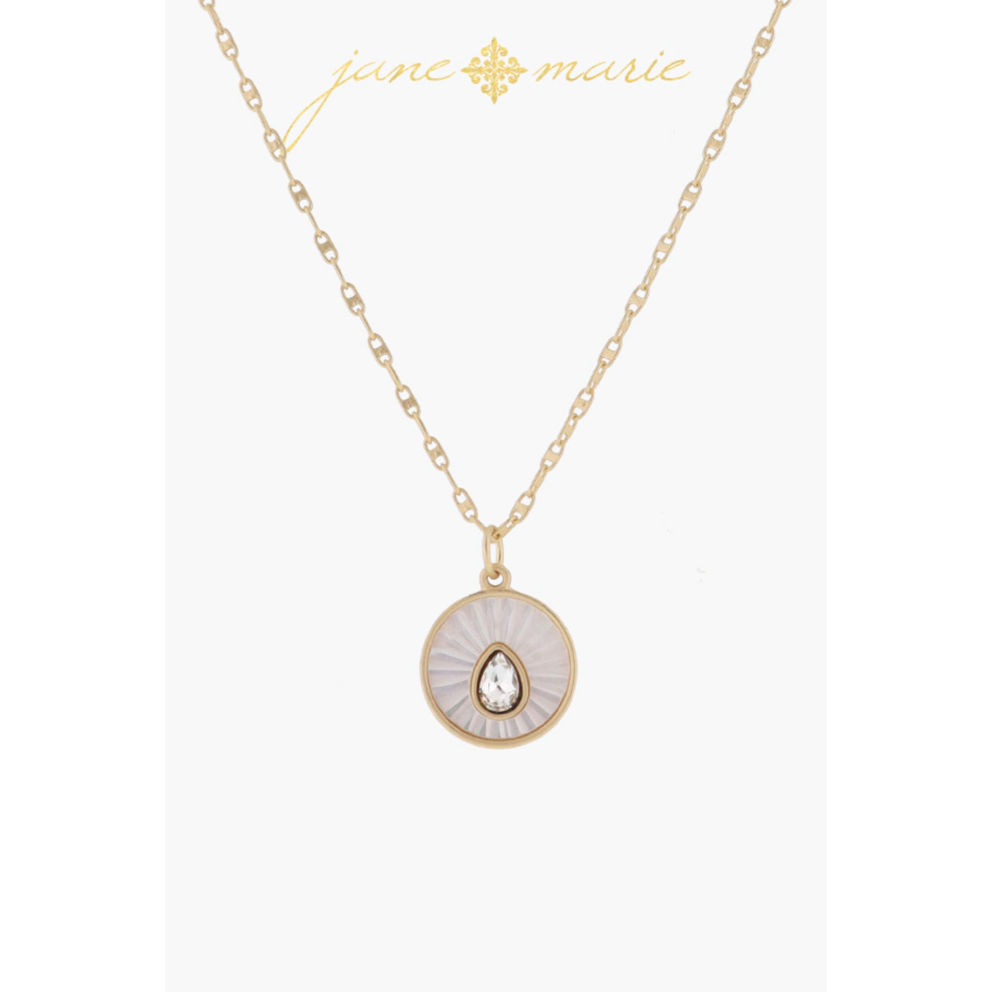 White Starburst Shell Inlay Disc with Crystal Teardrop Necklace, .65" Pendant