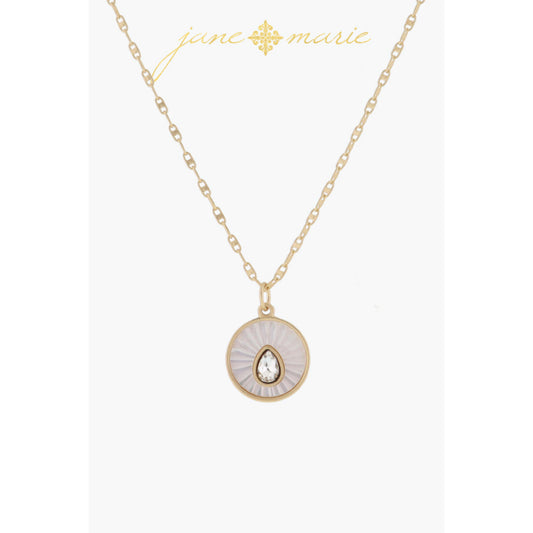 White Starburst Shell Inlay Disc with Crystal Teardrop Necklace, .65" Pendant