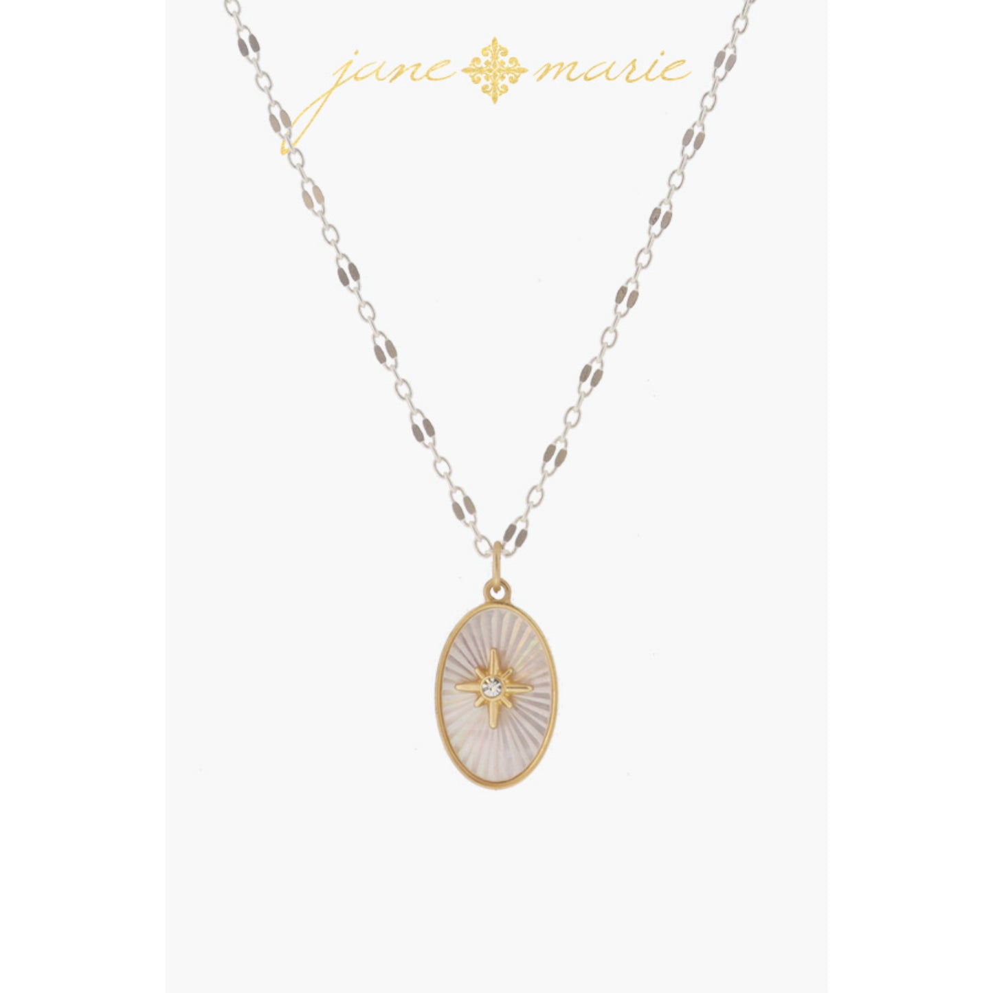 White Starburst Shell Inlay Oval with Gold Starburst with Crystal Necklace, .75" Pendant