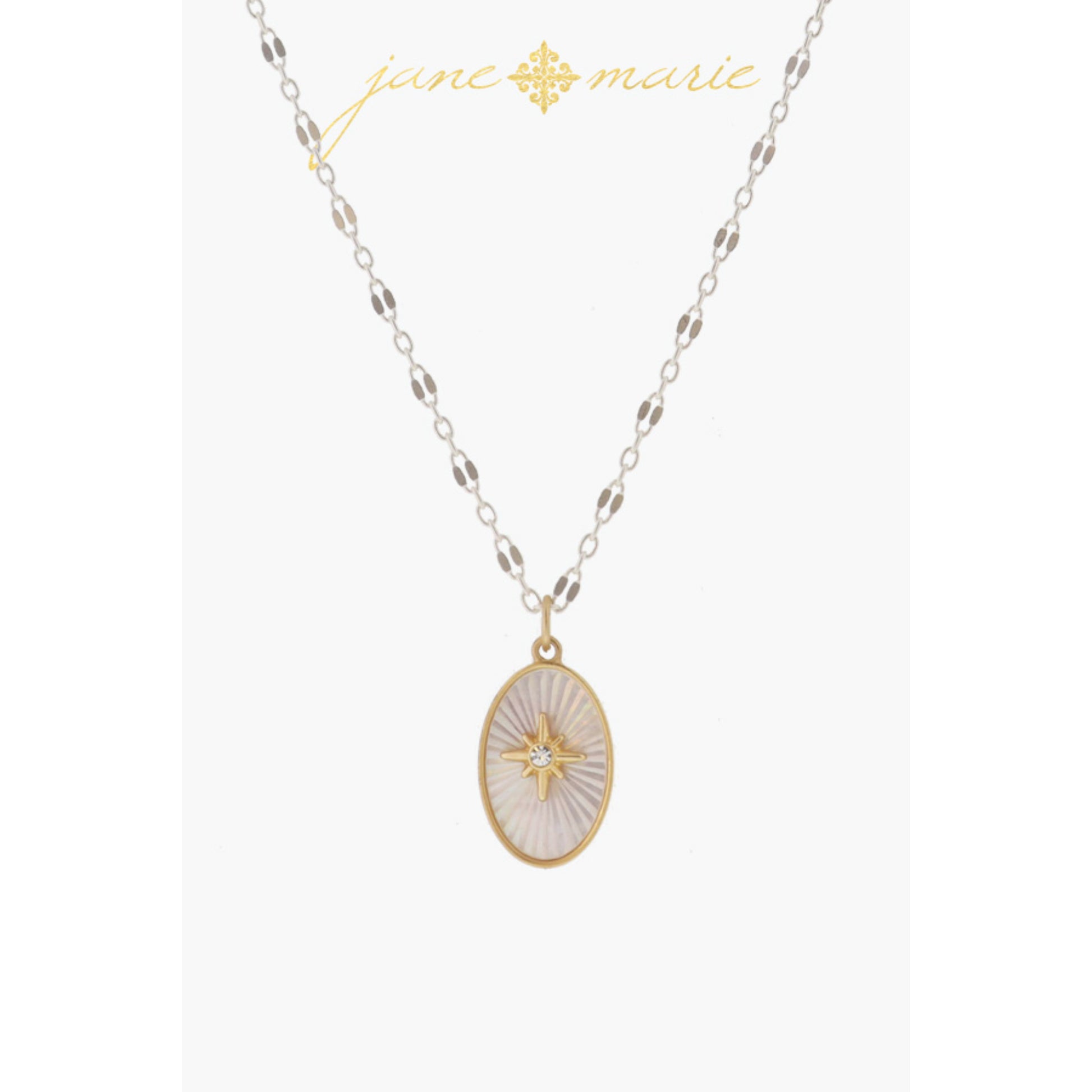 White Starburst Shell Inlay Oval with Gold Starburst with Crystal Necklace, .75" Pendant
