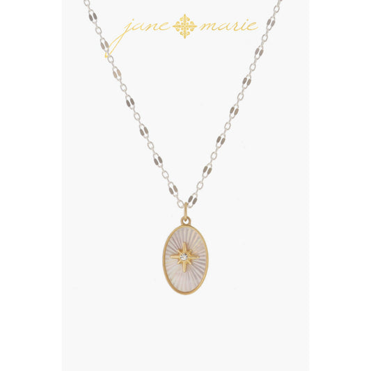 White Starburst Shell Inlay Oval with Gold Starburst with Crystal Necklace, .75" Pendant