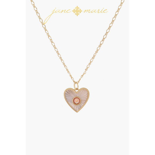 White Starburst Shell Inlay Heart with Pink Opal Center Necklace, .65" Pendant
