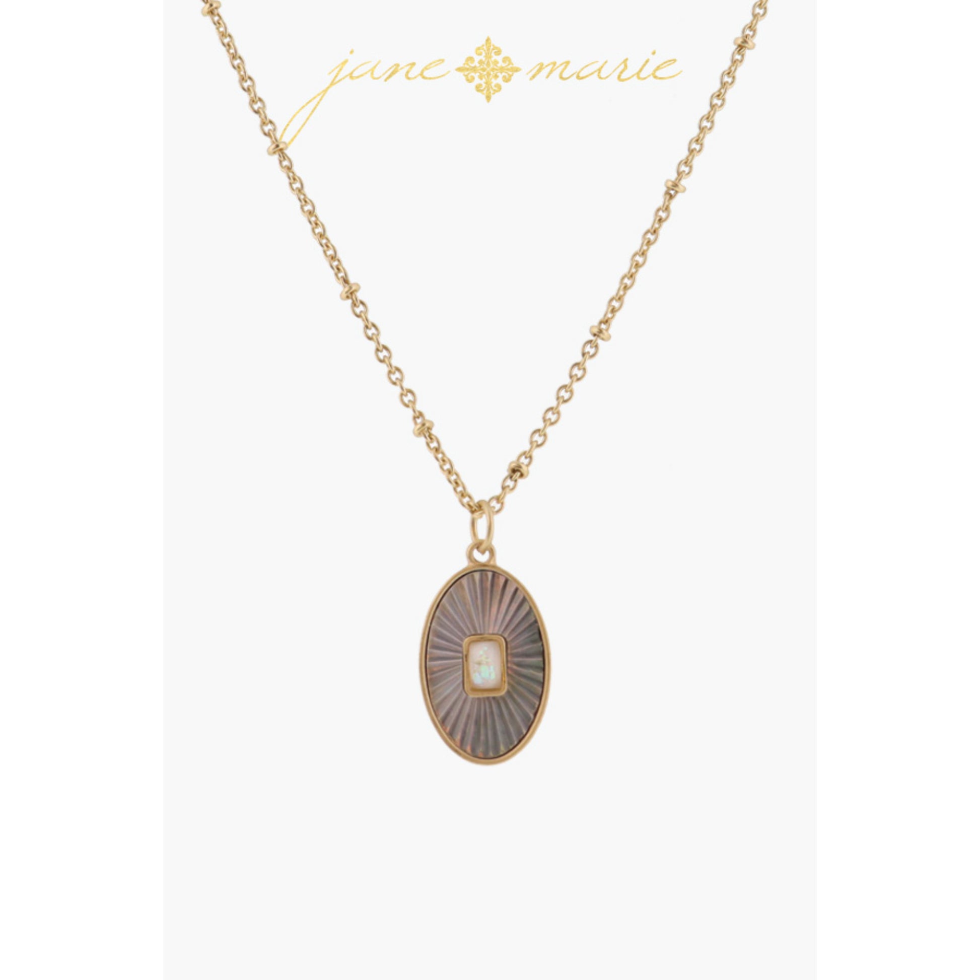 Grey Starburst Shell Inlay Oval with White Opal Rectangle Center Necklace, .75" Pendant