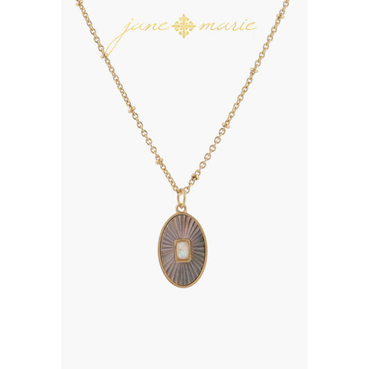 Grey Starburst Shell Inlay Oval with White Opal Rectangle Center Necklace, .75" Pendant