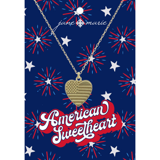 Gold American Flag Engaved Heart Necklace, .75" Top to Bottom