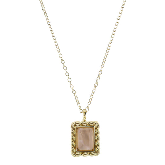 Gold Twist Framed Rose Quartz Rectangle Necklace