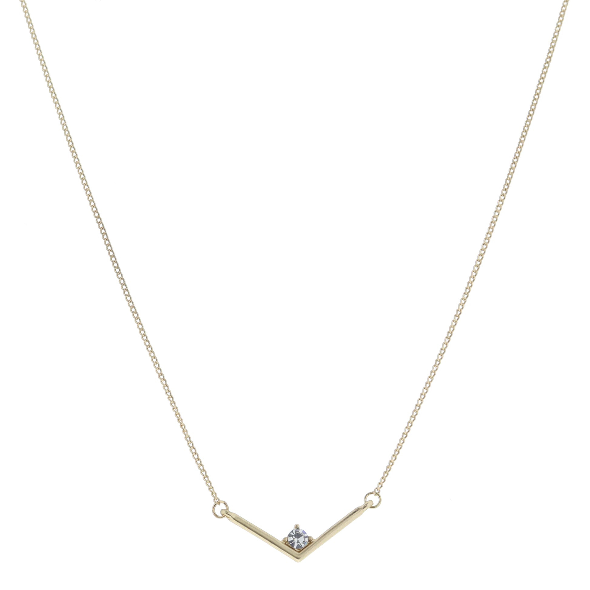 Gold Downward Pointed Bar with Top Center Crystal Necklace