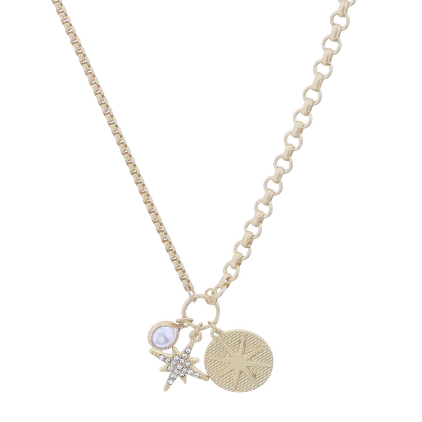 Gold Jump Ring with Pearl Bezel, Crystal Starburst, Gold Textured Disc with Starburst Necklace