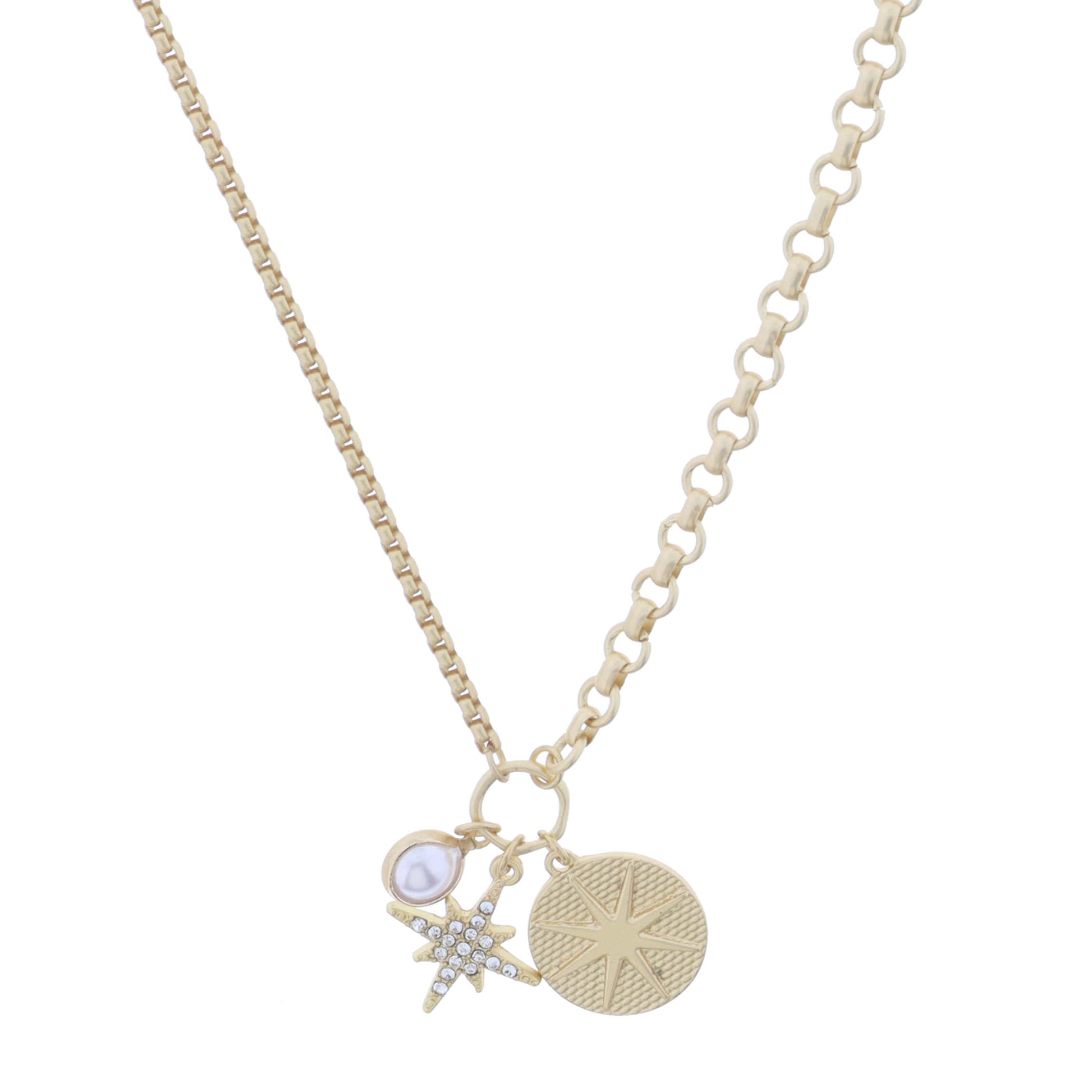 Gold Jump Ring with Pearl Bezel, Crystal Starburst, Gold Textured Disc with Starburst Necklace