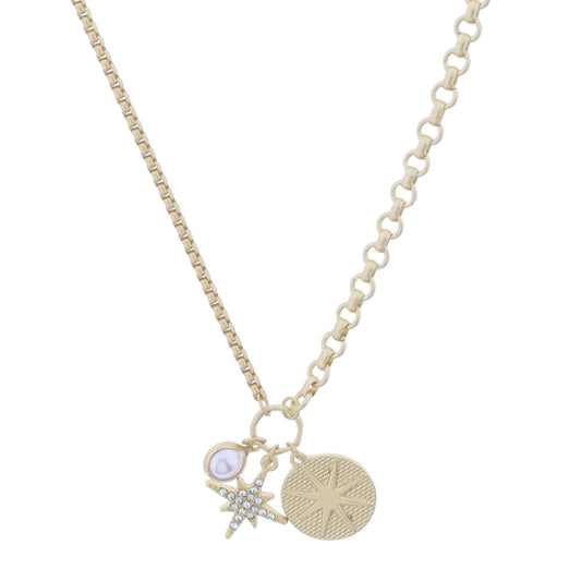 Gold Jump Ring with Pearl Bezel, Crystal Starburst, Gold Textured Disc with Starburst Necklace