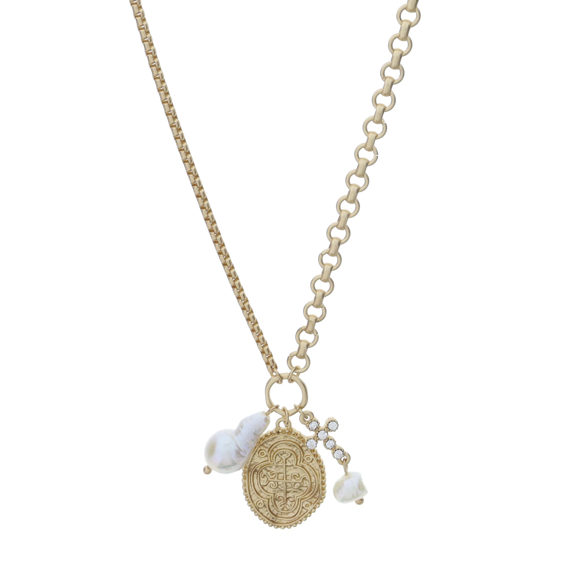 Gold Jump Ring with Barque Teardrop Pearl, Cross Coin, Crystal Cross with Pearl Dangle Necklace